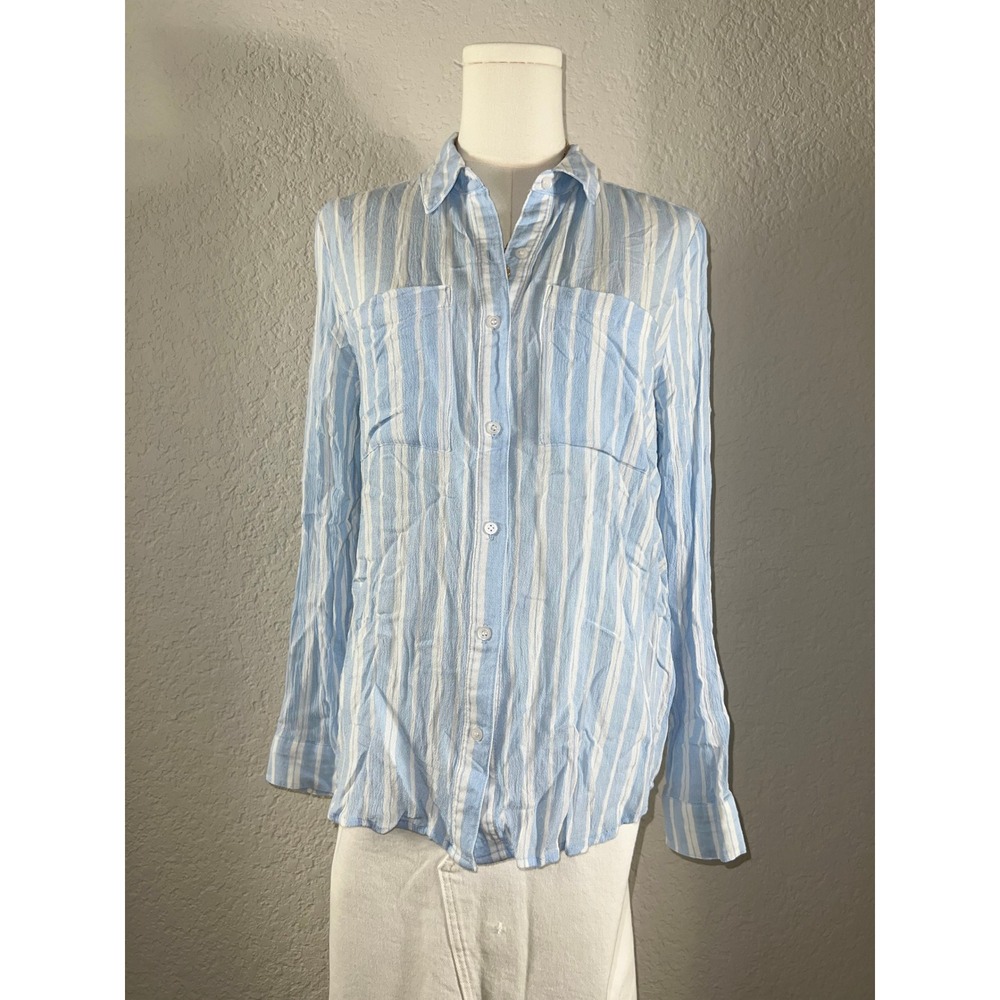 BP Nordstrom Light Blue White Striped Linen Blend Button Down Shirt Blouse